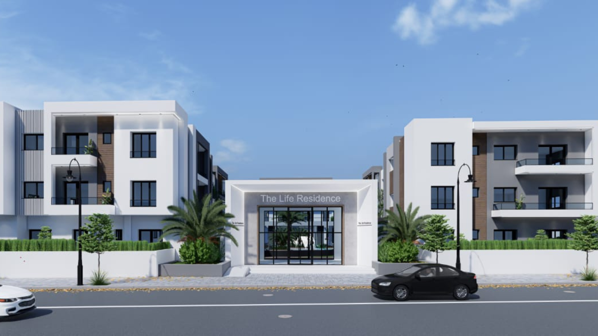 The Life Residence - Vue frontale du complexe résidentiel moderne avec entrée principale